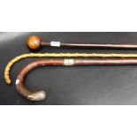 Silver mounted walking cane; together with a bamboo cane & a lignum vitae walking stick with knop