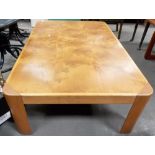 Golden oak and burr walnut veneered rectangular large coffee table, length 53'.