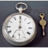 Silver open face pocket watch, the white enamel dial with Roman numerals and subsidiary seconds