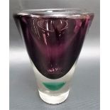 A Hadeland Norwegian art glass vase, amethyst & green clear encased, signed & initialled WJ55,