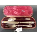 Victorian silver cased 3-piece dessert set comprising spoon, fork & knife, the handles cast with