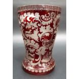 Bohemian glass ruby overlay wheel engraved cylindrical vase, cut with ruined buildings, animals &