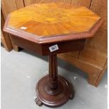 Victorian octagonal pedestal work table, the veneered top with marquetry inset depicting a peacock