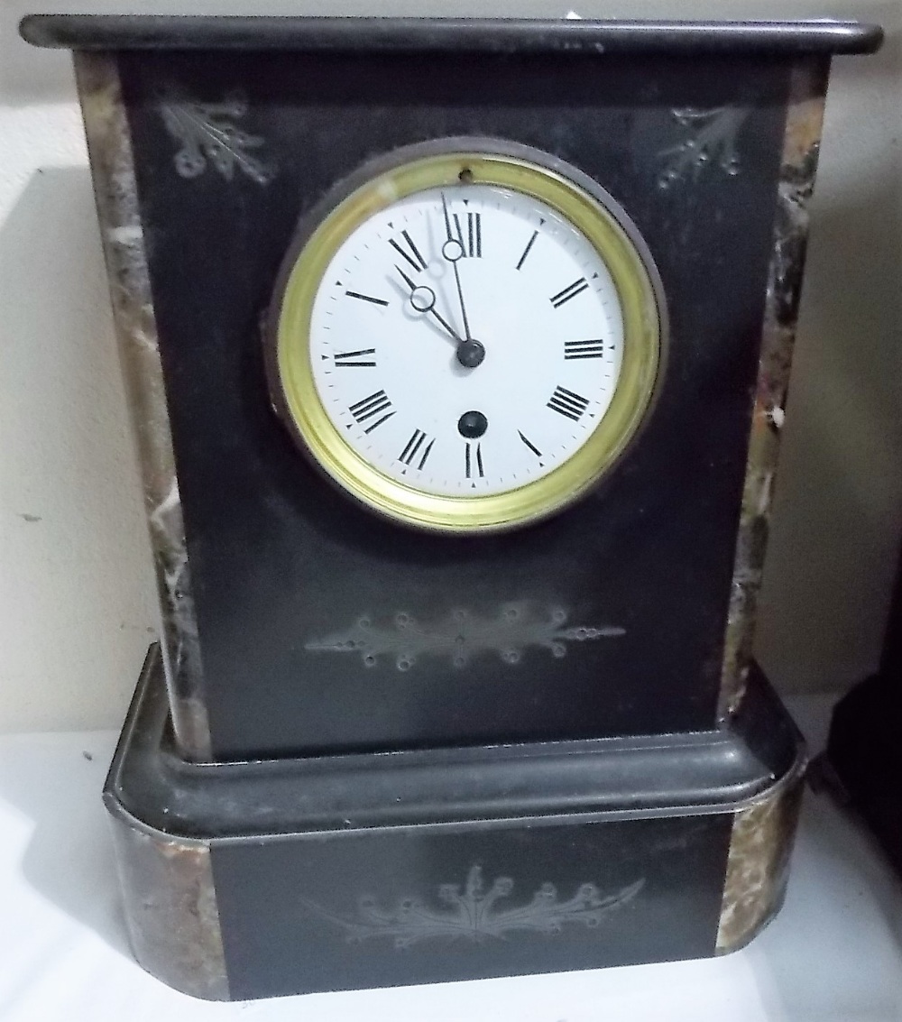 Slate and marble mantel clock with single train movement, height 30'.