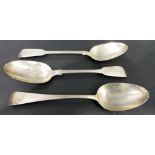 Pair of Victorian silver fiddle pattern table spoons, maker GA, London 1851; together with a