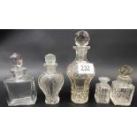4 various glass scent bottles & stoppers; together with 1 ohter (lacks stopper) (5)