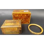 A penwork 'nursery' decorated hinge lidded box, together with a penwork rectangular stationary box &