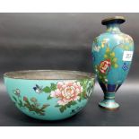 Chinese cloisonne pedestal vase decorated with chrysanthemum on a pale blue ground; together with