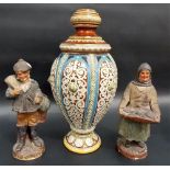 19th Century German Geschutzt Mettlach stoneware pedestal vase, strapwork decorated (AF); together