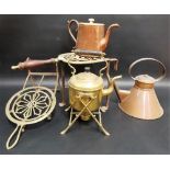 Brass & copper to inc. a brass spirit kettle on stand, a brass trivet with wooden handle, a brass