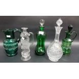 Victorian green glass enamel decorated jug; together with 4 decanters (5)