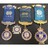 4 silver & enamel buffalo Lodge jewels, 3 with ribbons