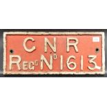A GNR cast iron railway plaque, cast 'GNR REGD NO 1613', width 19'