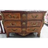 Good early 20th Century Louis XV style marquetry Bombe commode, with red and grey veined marble