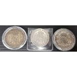 3 late 19th Century silver 5 pesetas, 1871, 1876 & 1893