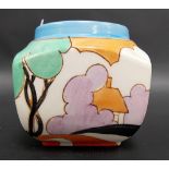 Clarice Cliff Newport Pottery 'Bizarre' sugar bowl, decorated with a cottage hidden within trees