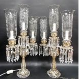 Good pair of 20th Century 19th Century style 3-branch glass candelabrum with glass prismic drops,