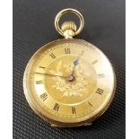 9ct gold foliate engraved crown wind fob watch with gilt dial, weight overall 26.1g approx.