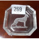 Art Deco small glass pin tray, reverse engraved with an Alsatian dog, width 2.5' (AF)