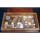 Stained mahogany box containing a collection of mostly silver & copper British coinage