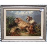 LANGLOIS (19th Century) Two terriers Oil on board Signed 8.5' x 11.5'
