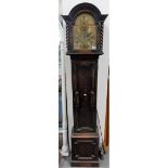 Oak three train 'Grandmother' clock, the 8' arched brass dial inscribed Tempus Fugit, within oak