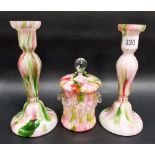 Pair of Victorian green, pink & white opaque 'End of Day' glass candlesticks; together with a