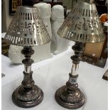 Pair of silver plate telescopic candlesticks with pierced shades.