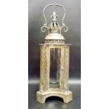 Modern brass 4 glass pierced brass 4 glass hanging lantern in 19th Century style, height inc. handle