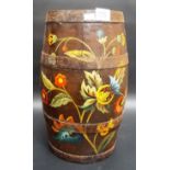 Bargeware style foliate painted oak coopered barrel, height 14'