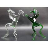 Two art glass stylised leaping horses, 1 in green, the other clear, possibly by Murano