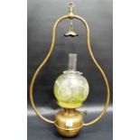 Brass hanging oil lamp with green blush frosted & etched glass shade, height 27' overall