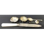 Pair of silver scallop shell salts raised on triple ball feet; together with a Victorian silver