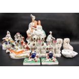 Collection of Victorian Staffordshire Pottery figures and a continental leaf shaped flower spray