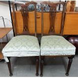 Set of four Edwardian ash inlaid salon chairs with pierced vase splats and stuff over upholstered