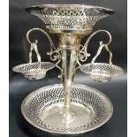 Impressive silver table epergne by Huckin & Heath, of pierced basket form, the large central dish