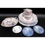 Victorian 'NEW STONE CHINA' puce transfer printed pair of dishes, 2 cups & 3 saucers; together