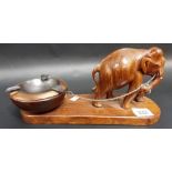 Teak carved elephant ashtray, width 10.5'