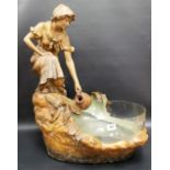 Impressive Goldscheider Austrian painted terracotta figural fishbowl, modelled as a kneeling woman