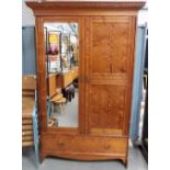 Victorian oak pitch pine double robe, the dentil cornice over a mirror door and cupboard door and