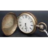 Omega silver crown wind full hunter pocket watch, the white enamel dial with roman numerals &