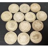 13 pre-decimal silver half crowns, mostly in worn condition