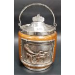 Silver plated oak biscuit barrel, the lid finial with rope twist & 'BISCUITS' label, the oak