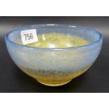 Vasart art glass small bowl with blue & yellow encased speckled design, signed to the base, diameter