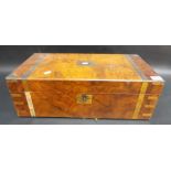 19th Century brass bound burr walnut veneered writing slope, hinged to reveal a fitted interior,