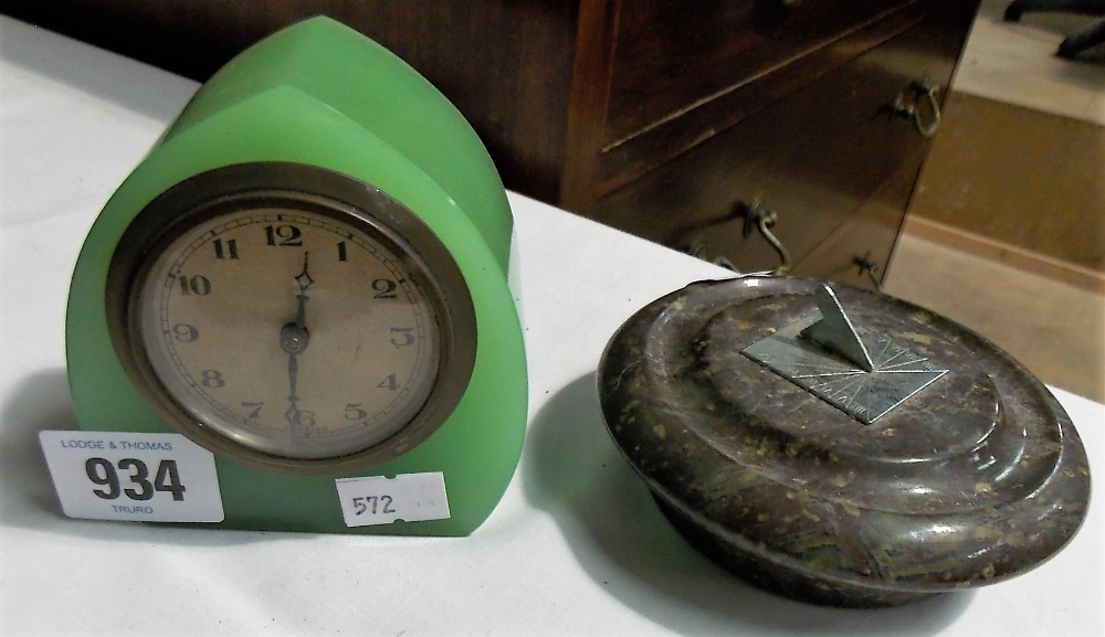 Small timepiece with green onyx lancet case (af); together with a Cornish serpentine desk sundial (