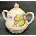 Clarice Cliff Newport Pottery twin handle lidded bowl with relief moulded floral decoration, No.