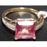 9ct gold pink topaz and chip diamond cocktail ring, the square cut stone within a claw setting,