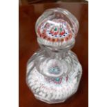 19th Century glass millefrori scent bottle and stopper, of faceted form, the lid and base with