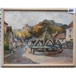 HARRY EDMUND CRUTE (1888-1975) 'The Yarn Market, Dunster' Oil on board Signed Inscribed to the